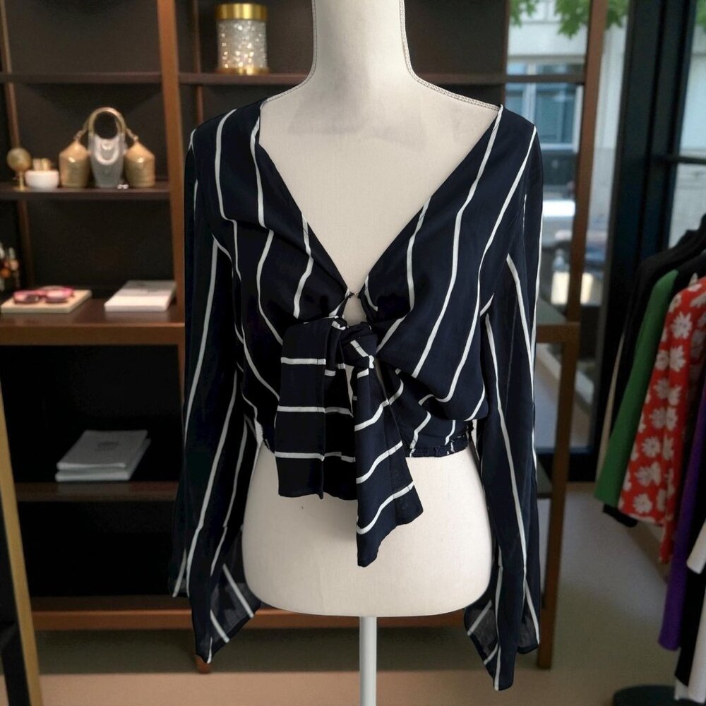 FAITHFULL Navy Blue White Cutout Long Sleeve Top Size US 6